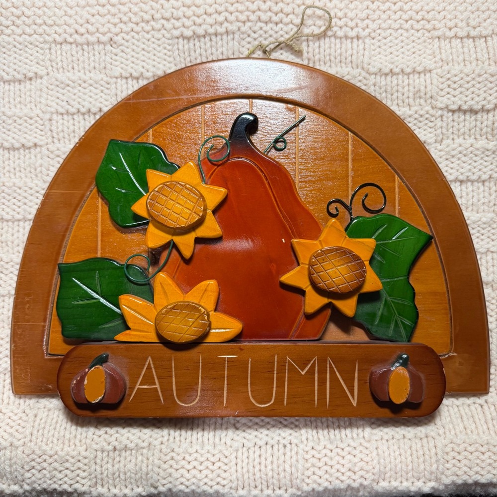 Vintage Autumn Accents Wooden Wall Plaque Pumpkin Sunflower Fall Decor